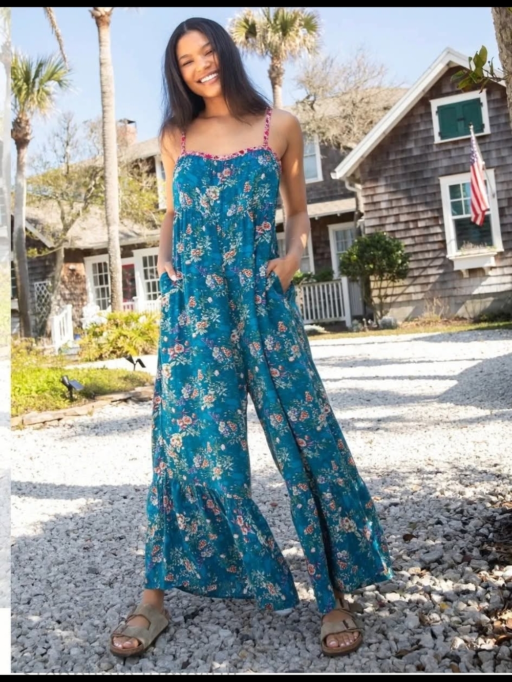 NATURAL LIFE Teal Floral Wide-Leg Smocked Jumpsuit